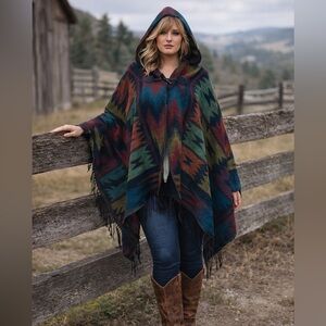 Boutique Southwest Hooded Knit Blanket Poncho Wrap NWOT One Size